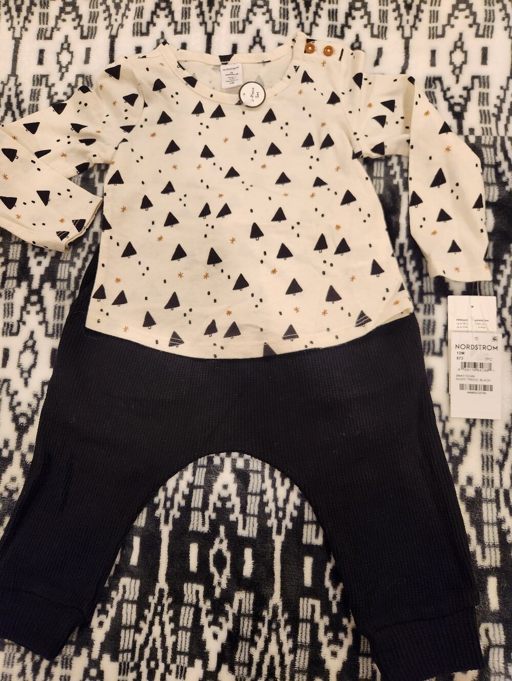 NWT Nordstrom Baby Two-Piece Set - Cream Top w/Black Trees & Black Pants, 12M